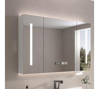 Specchio Contenitore con Luce per Bagno, Pensile in Legno con Orologio, Anti-Appannamento con Luci LED, Visualizzazione dell'Ora, Fori per la Carta, Controllo Tattile (Size:100*13*)