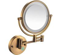 Specchio cosmetico da parete con ingrandimento 10X a LED, doppio lato, con braccio rotante a 360°, alimentato tramite USB, finitura in bronzo, perfetto per bellezza e cura della pelle.