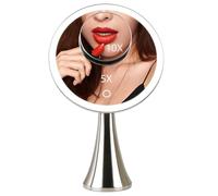 Specchio cosmetico rotondo illuminato da 22,9 cm, doppio ingrandimento 5X/10X, con luci LED ultra luminose, ricaricabile, senza fili, luminosità regolabile con controllo touch, in acciaio inox