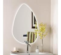 Specchio da bagno a LED, 45 x 60 cm, con orologio musicale Bluetooth anti-appannamento e visualizzazione della temperatura, design a gocce d'acqua, sensore di movimento, funzione di memoria, elegante