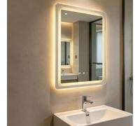 Specchio da bagno a LED, 50 x 70 cm, con illuminazione, touch, dimmerabile | Specchio anti-appannamento in vetro/PET con orologio, indicatore della temperatura e funzione di memoria, per bagno