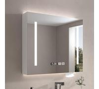 Specchio da bagno a LED con design anti-appannamento da parete in legno, interruttore touch, 3 colori chiari, porta carta 60 x 1 cm, specchio elegante e funzionale per bagni moderni