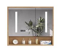 Specchio da bagno a LED con mobiletto - Armadietto per medicinali in legno massello, anti-appannamento, interruttore touch, orologio display illuminato, specchio per il trucco per bagni moderni