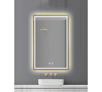 Specchio da bagno a LED dimmerabile con illuminazione anteriore e posteriore, anti-appannamento, 3000 K/4000 K/6000 K, elegante finitura oro, grande, 70 x 90 cm, per bagni moderni