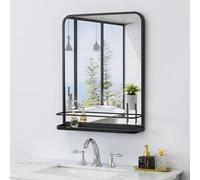 Specchio da bagno con cornice in metallo nero con mensola, 78 x 63 cm, specchio da parete moderno rettangolare opaco per parete del bagno, antiruggine
