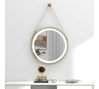 Specchio da Bagno Illuminato a LED, Specchio Rotondo per Trucco da Appendere/Montare a Parete, 3 Colori di luminosità Regolabili, Funzione Memoria e antiappannamento, con Cinturino in Pelle,