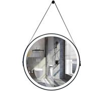 Specchio da Bagno Illuminato a LED, Specchio Rotondo per Trucco da Appendere/Montare a Parete, 3 Colori di luminosità Regolabili, Funzione Memoria e antiappannamento, con Cinturino in Pelle,