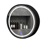 Specchio da bagno, Mobiletto a specchio rotondo a LED con controllo touch, 3 colori di luce 3000K/4500K/6000K, mobiletto da parete in legno for bagno, 2 livelli, oro, 50 cm/19"(Black,60cm/23in)