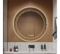 Specchio da bagno rotondo a LED, anti-appannamento, dimmerabile, retroilluminato, con orologio e visualizzazione della temperatura, design senza cornice per l'arredamento della casa, elegante e