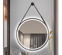 Specchio da bagno rotondo intelligente - Specchio da bagno a LED da parete con illuminazione a 3 colori, funzione anti-appannamento, telaio in lega di alluminio, visualizzazione ora e temperatura