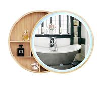 Specchio da bagno, specchio rotondo in legno massello illuminato a LED parete - 70 cm (27,6 pollici) con contenitore toeletta elegante e moderno for la massima riflessione(Wood,50cm(20inches))