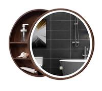 Specchio da bagno, specchio rotondo in legno massello illuminato a LED parete - 70 cm (27,6 pollici) con contenitore toeletta elegante e moderno for la massima riflessione(Brown,50cm(20inches))