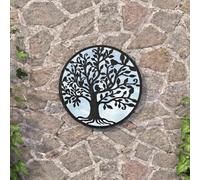 Specchio da giardino nero, 40 x 2,5 cm, in ferro, rotondo, con motivo albero, specchio da parete per esterni, riflettente per la direzione della luce e la decorazione, resistente alle intemperie, per