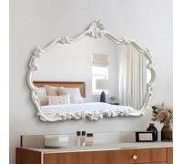 Specchio da parete bianco antico con cornice in legno intagliato, elegante design ornato per camera da letto, bagno, ingresso e decorazione del caminetto
