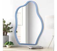 Specchio da parete con cornice in legno moderno asimmetrico unico da appendere specchi artistici irregolari decorazione bagno vanità camera da letto soggiorno ingresso corridoio grande blu 66 x 45,7