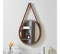 Specchio da parete per bagno, Specchio da Appendere con Cordino in Pelle, Specchio da Bagno Illuminato con Luce Bianca, Specchio da Parete Rotondo da 60 cm, Specchio Decorativo con Cornice in Legno fo