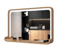 Specchio da parete per il trucco con LED e mensola, in legno massello | Specchio da trucco illuminato da parete con ripiano portaoggetti per un elegante arredamento del bagno e una migliore