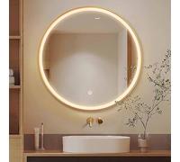 Specchio da parete rotondo a LED da 90 cm, specchio per il trucco regolabile con anti appannamento, struttura in alluminio con finitura nera e oro, ideale per bagno e uso cosmetico.