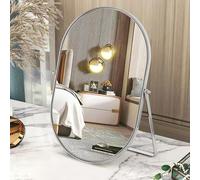Specchio da scrivania ovale con struttura in metallo girevole a 90°, specchio da tavolo portatile ad alta definizione per piano di lavoro, toeletta, soggiorno, camera da letto, bagno, grande, argento