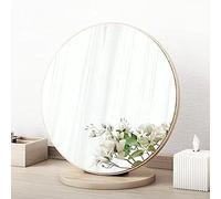 Specchio da tavolo regolabile a 90°, specchio da trucco rotondo portatile con riflesso ad alta definizione, base in legno rimovibile, elegante finitura in noce, 20 cm, essenziale per toeletta