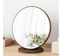Specchio da tavolo regolabile a 90°, specchio da trucco rotondo portatile con riflesso ad alta definizione, base in legno rimovibile, elegante finitura in noce, 20 cm, essenziale per toeletta