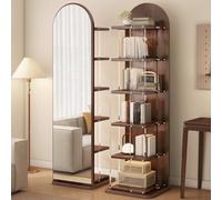 Specchio da terra ad arco a figura intera in legno con libreria posteriore | Specchio da terra ad arco a figura intera in legno con libreria posteriore integrata a 5 livelli e rotazione fluida a 360°