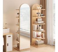 Specchio da terra ad arco a figura intera in legno con libreria posteriore | Specchio da terra ad arco a figura intera in legno con libreria posteriore integrata a 5 livelli e rotazione fluida a 360°
