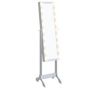 Specchio da terra con illuminazione a LED, bianco, 34 x 37 x 146 cm, autoportante, con cornice pieghevole e vano portaoggetti, per corridoio, camera da letto, guardaroba, trucco e decorazione