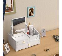 HOMCOM Postazione Trucco con Specchio Ribaltabile, Sgabello con Ruote e 2 Cassetti, Toeletta Trucco in MDF e Sgabello con Cuscino in Tessuto Effetto Velluto Rimovibile e Lavabile, Bianco