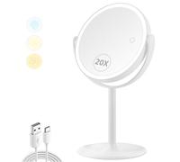 Specchio da trucco con illuminazione, specchio ingranditore 20x con 3 luci colorate, specchio cosmetico con ingrandimento con interruttore bifacciale, specchio ingranditore con luce per camera da