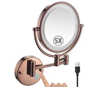Specchio da trucco da parete a LED a 2 lati con regolazione touch girevole a 360° e pieghevole, ingrandimento 5x, oro rosa, alimentato tramite USB, per una bellezza impeccabile