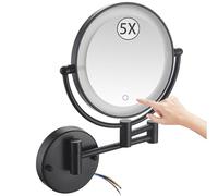 Specchio da trucco da parete a LED a 360° con regolazione touch Ingrandimento 5X Doppio lato pieghevole e girevole Design cablato Bagno Vanity Mirror Nero
