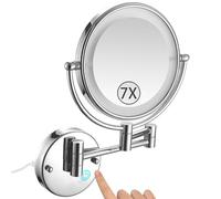 Specchio da trucco da parete a LED rotante a 360° con oscuramento tattile, ingrandimento 7x, specchio da barba cromato per bellezza e cura della casa