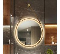 Specchio da Trucco da Parete con Cinturino in Pelle, Nero, Oro, Cornice in Lega di Alluminio, Specchio da Bagno Rotondo a LED, 3 Temperature di Colore dimmerabili, Funzione di Memoria (Color