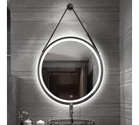 Specchio da Trucco da Parete con Cinturino in Pelle, Nero, Oro, Cornice in Lega di Alluminio, Specchio da Bagno Rotondo a LED, dimmerabile a 3 Temperature di Colore, Funzione di Memoria (col