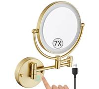 Specchio da trucco da parete con luci LED dimmerabili touch su 2 lati, specchio pieghevole a 360°, ingrandimento 7x, alimentato tramite USB, finitura oro spazzolato per una toelettatura elegante.