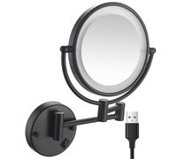 Specchio da Trucco da Parete Illuminato LED Ricaricabile da 8" in Ottone Bifacciale Ingrandimento 10X Girevole 360° per Bagno E Hotel Nero con Pulsante