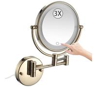 Specchio da trucco da parete rotante a 360° con luci LED dimmerabili a tocco Doppio lato Ingrandimento 3X Pieghevole Dorato Bagno Vanity Specchio Plug In Design