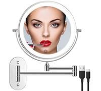 Specchio da Trucco Illuminato da Parete Ricaricabile, Doppio Lato da Specchio Bagno con Iingrandimento 1x / 10x, Illuminazione a 3 Colori, Regolazione Touch Screen, Braccio Esteso, Rotazione 360