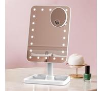 Specchio da trucco ricaricabile illuminato con ingrandimento 10x, grande specchio da toeletta per tavolo da toeletta con luminosità regolabile, sensore touch e design portatile
