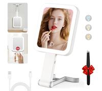 Specchio da viaggio per il trucco con luci, specchio ingranditore 10X/1X, illuminazione a 3 colori, touch screen dimmerabile, ricaricabile 1500 mAh, specchio 3 in 1 da appendere alla scrivania (bianco