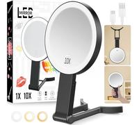 Specchio da viaggio per il trucco con luci, specchio ingranditore ricaricabile a doppia faccia 10X/1X con luce, illuminazione a 3 colori, specchio da viaggio portatile, touch screen dimmerabile, da