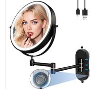 Specchio del Truccodi de Parete con Ventosa, 1/10X ingrandimento, 2000mAh Ricaricabile Specchio illuminato del Truccodi de Parete con Ventosa, 360° Rotazione per il bagno, Specchio da Parete Nero