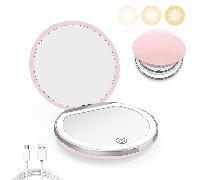 Specchio di trucco portatile circolare pieghevole con LED, specchio ingrandente 2x, a 3 livelli di luminosità, con copertura, alimentazione USB, adatto come regalo unico per uomini, donne e idee regal