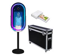 Specchio ellittico per cabina fotografica selfie, con cornice a LED, portatile, touch screen da 21,5", per feste, eventi, matrimoni, con luce RGB (nero, cabina fotografica + mini stampante)