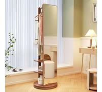 Specchio girevole a 360° a figura intera, con cornice in legno massello, appendiabiti e mensole, elegante specchio a corpo intero per soggiorno, camera da letto e guardaroba (finitura noce)