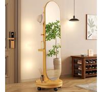 Specchio girevole a 360° a figura intera, specchio da pavimento in legno massiccio con ruote girevoli Hanr e specchio autoportante per camera da letto e soggiorno