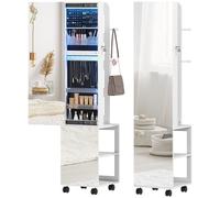 Specchio Girevole con Armadietto Portagioielli e Appendiabiti 37x40x165,5 cm Luce LED Regolabile e Serratura in MDF Bianco