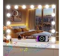 Specchio Habison Hollywood con Bluetooth con 15 lampade LED, specchio per il trucco 58 x 46 cm con uscita USB e specchio cosmetico Bluetooth con ingrandimento 10x, luce a 3 temperature di colore, spec