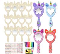 Specchio in Legno di Unicorno per il Fai da Te - 12 Pezzi Mini Specchio da Mano per Bambini per Artigianato, Dipingere e Lavoretti Fatti a Mano - Regali per Bambini